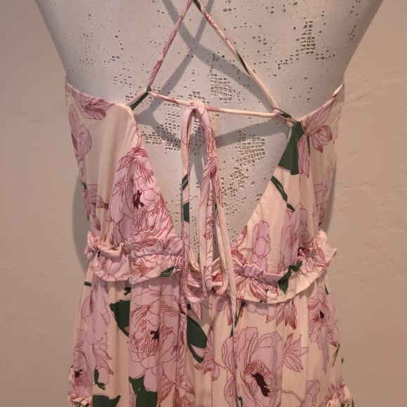 Lost + Wander Flowy Hawaiian Rose Pink Tiered Tie-Back Halter Maxi Dress, Sz Med - Picture 5 of 10